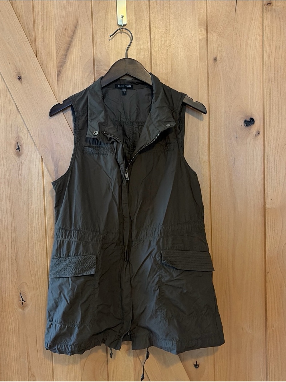 Eileen Fisher Womens Tech Cargo Utility Vest Sleeveless Green Zip Long  Sz S